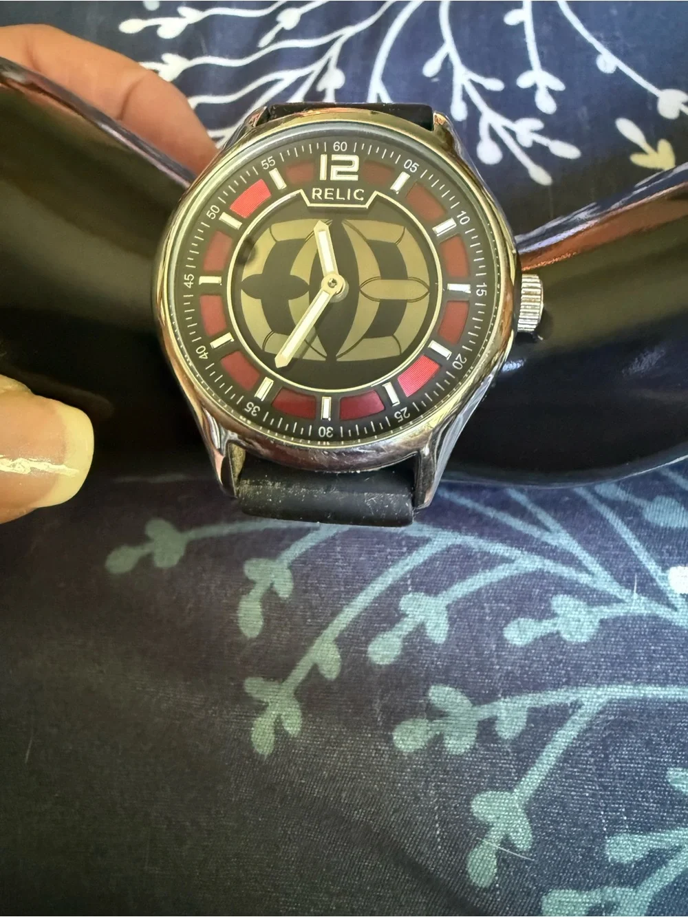 Relic Black Dial Watch with Red Accent Ring